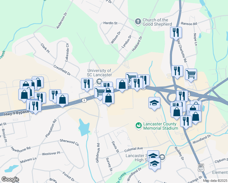 map of restaurants, bars, coffee shops, grocery stores, and more near 937 Lancaster Bypass West in Lancaster