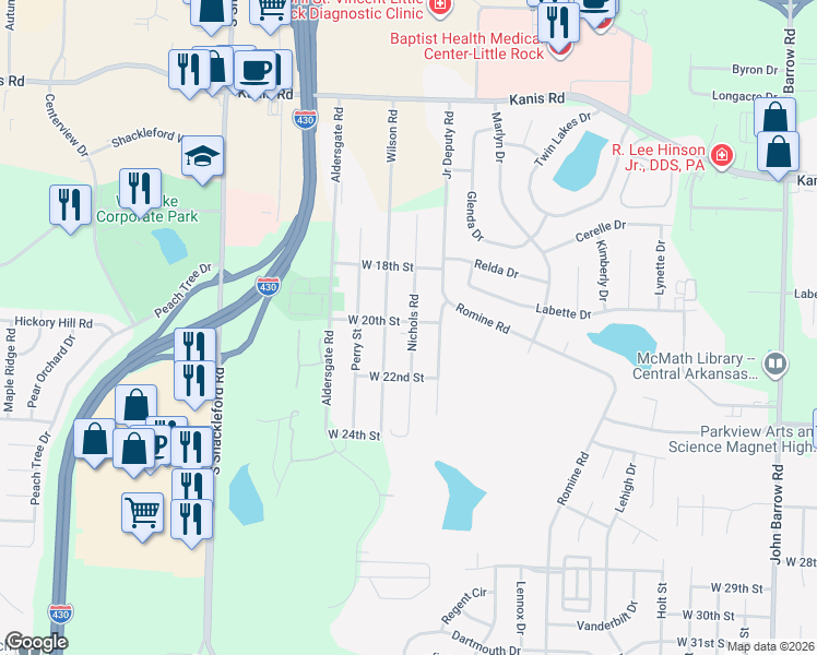 map of restaurants, bars, coffee shops, grocery stores, and more near 10005 West 20th Street in Little Rock