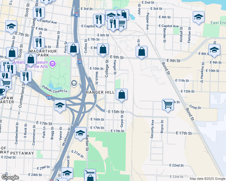 map of restaurants, bars, coffee shops, grocery stores, and more near 1300 Hanger Street in Little Rock