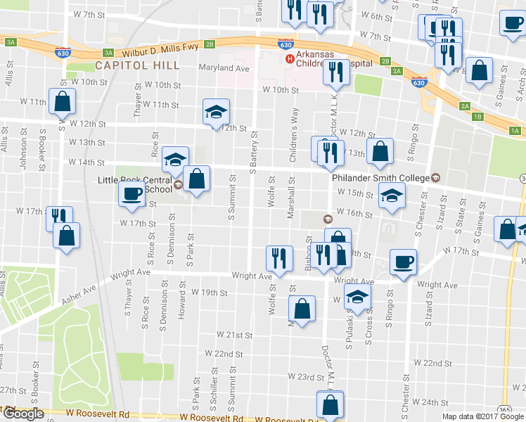 map of restaurants, bars, coffee shops, grocery stores, and more near 1811 West 16th Street in Little Rock