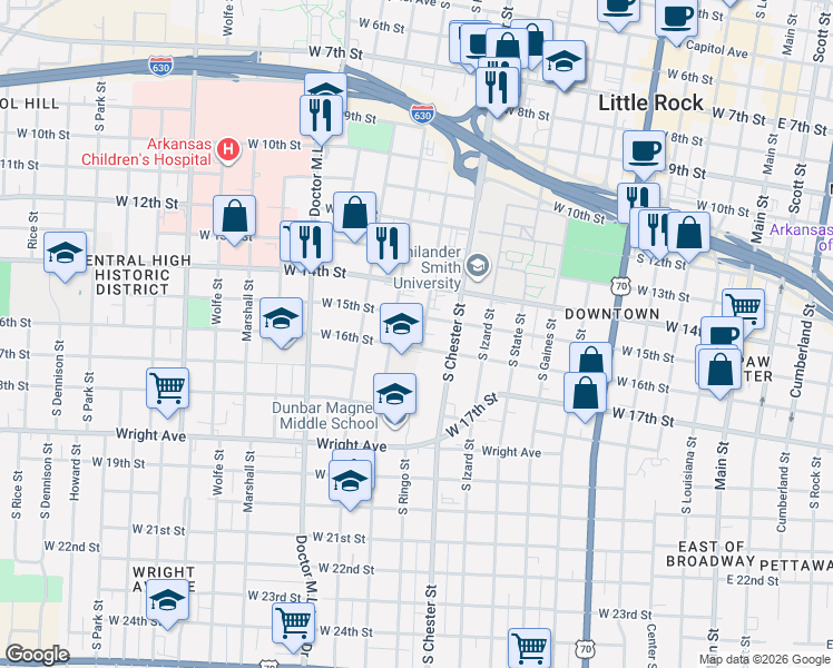 map of restaurants, bars, coffee shops, grocery stores, and more near 1516 South Ringo Street in Little Rock