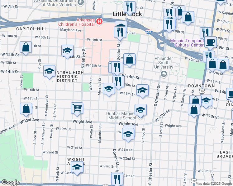 map of restaurants, bars, coffee shops, grocery stores, and more near 1501 West 16th Street in Little Rock