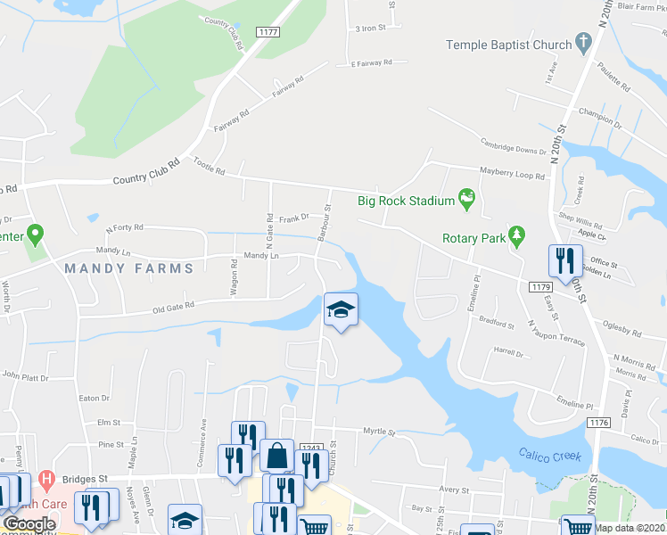 map of restaurants, bars, coffee shops, grocery stores, and more near 2909 Mandy Lane in Morehead City