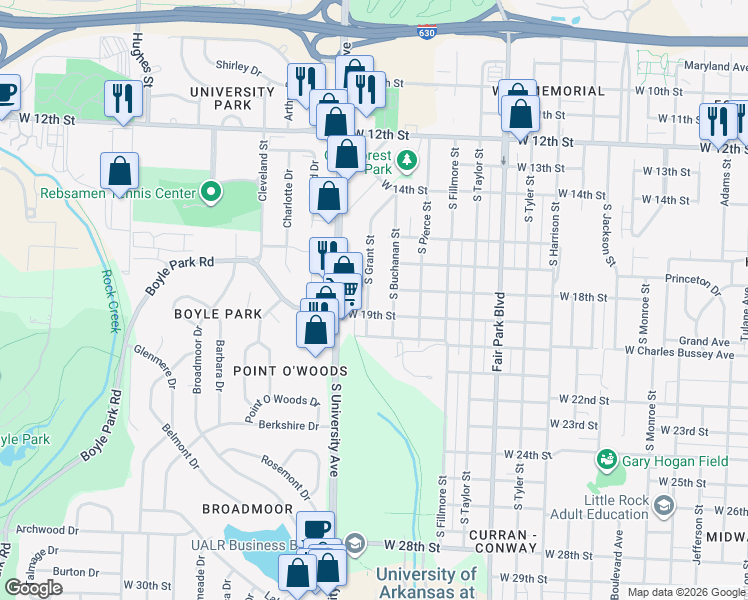 map of restaurants, bars, coffee shops, grocery stores, and more near 1811 South Grant Street in Little Rock