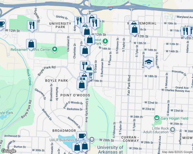 map of restaurants, bars, coffee shops, grocery stores, and more near 1811 South Grant Street in Little Rock