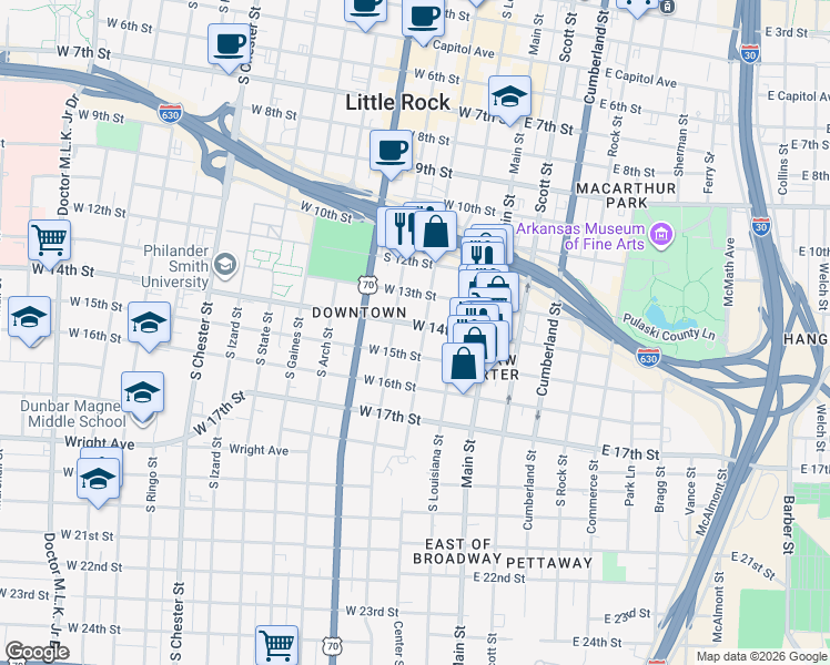 map of restaurants, bars, coffee shops, grocery stores, and more near 1400 Center St in Little Rock