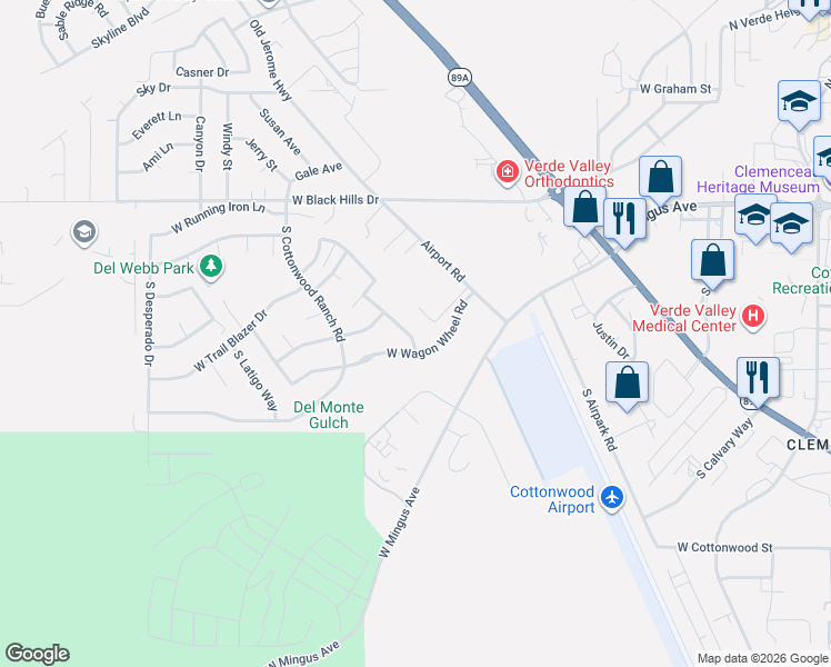map of restaurants, bars, coffee shops, grocery stores, and more near 265 South Maverick Way in Cottonwood
