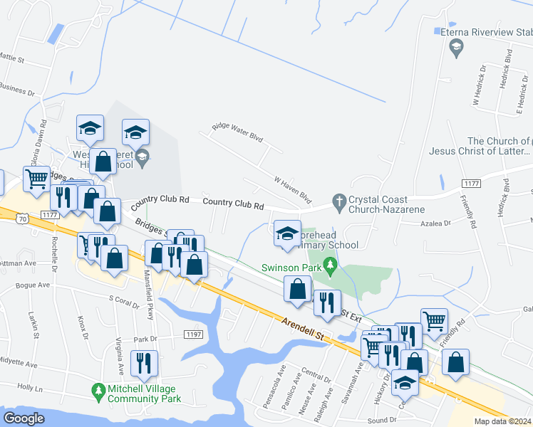 map of restaurants, bars, coffee shops, grocery stores, and more near 4479 Country Club Road in Morehead City