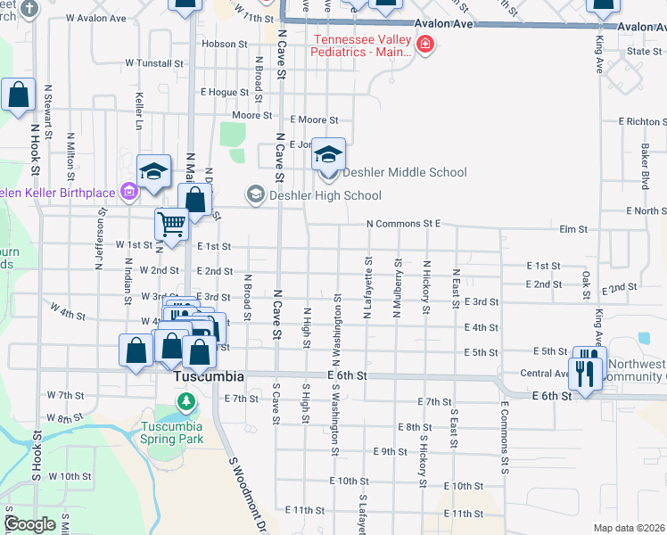 map of restaurants, bars, coffee shops, grocery stores, and more near 400-498 North Washington Street in Tuscumbia