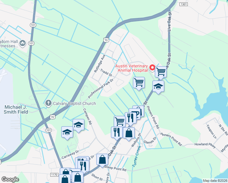 map of restaurants, bars, coffee shops, grocery stores, and more near 401 Pirate Landing Drive in Beaufort