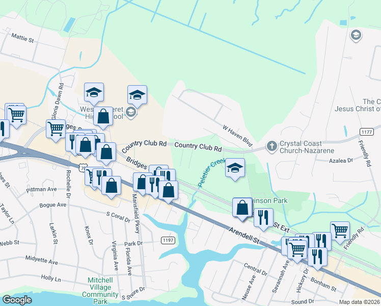map of restaurants, bars, coffee shops, grocery stores, and more near 4609 Country Club Road in Morehead City