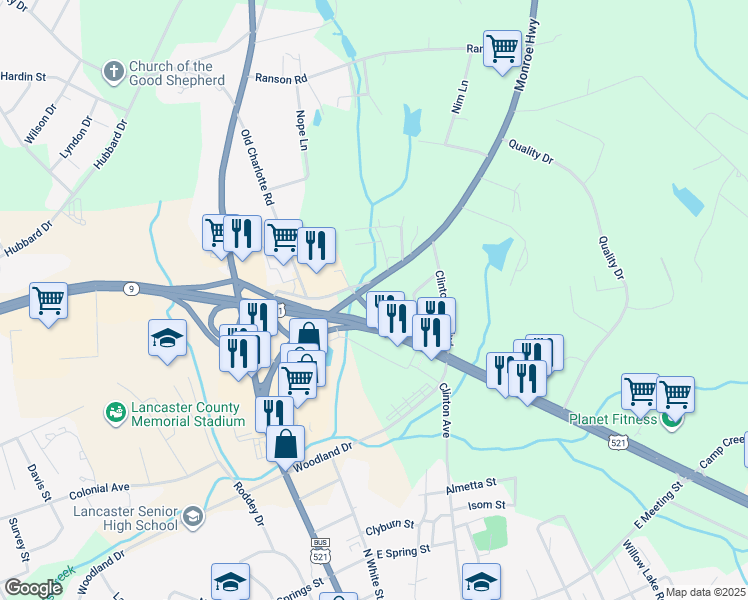 map of restaurants, bars, coffee shops, grocery stores, and more near 56 Monroe Highway in Lancaster