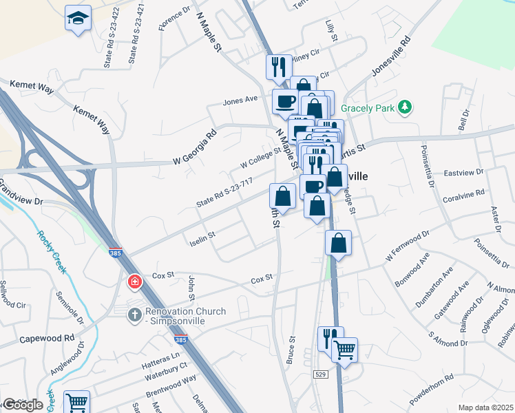 map of restaurants, bars, coffee shops, grocery stores, and more near 300 South Street in Simpsonville