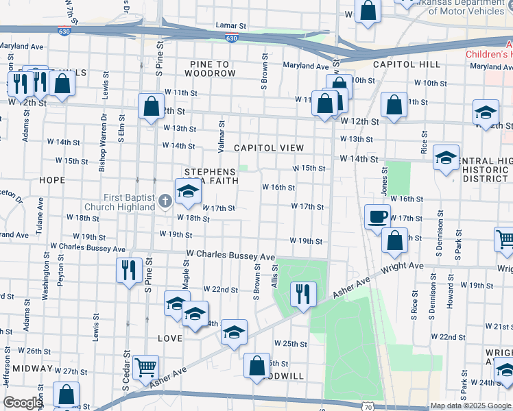 map of restaurants, bars, coffee shops, grocery stores, and more near 3219 West 17th Street in Little Rock