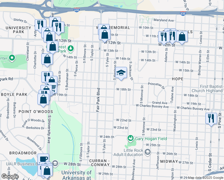 map of restaurants, bars, coffee shops, grocery stores, and more near 1800 South Harrison Street in Little Rock
