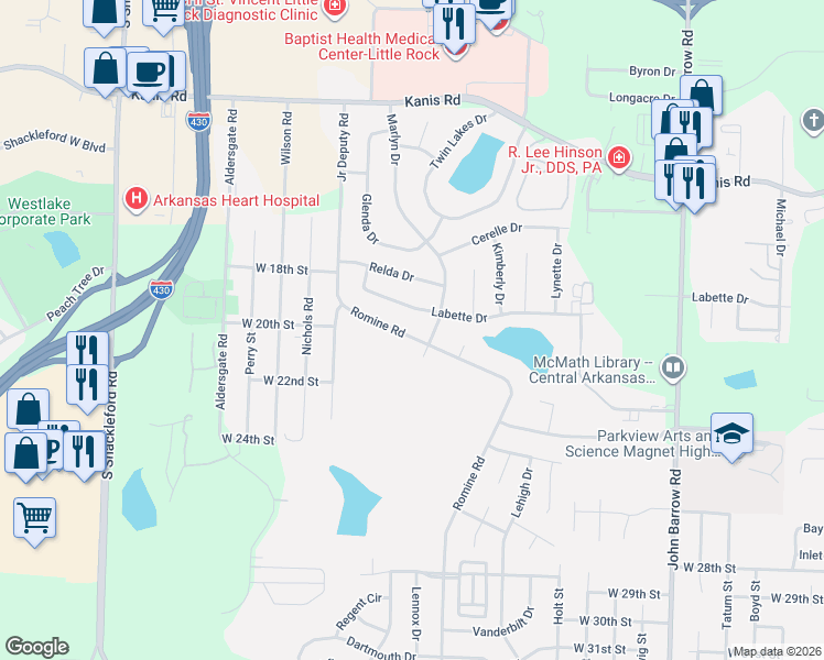 map of restaurants, bars, coffee shops, grocery stores, and more near 2001 Romine Road in Little Rock