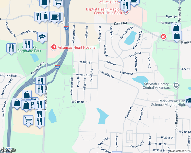 map of restaurants, bars, coffee shops, grocery stores, and more near 10005 West 20th Street in Little Rock