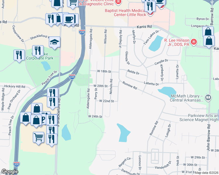 map of restaurants, bars, coffee shops, grocery stores, and more near 10005 West 20th Street in Little Rock