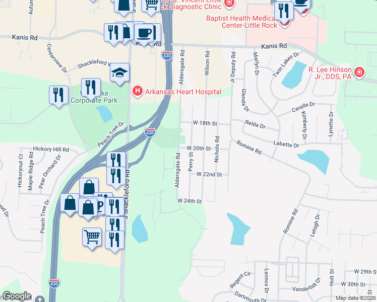 map of restaurants, bars, coffee shops, grocery stores, and more near 2000 Perry Street in Little Rock