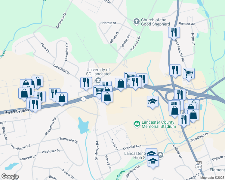 map of restaurants, bars, coffee shops, grocery stores, and more near 937 Lancaster Bypass West in Lancaster