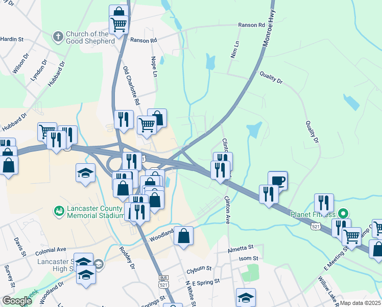 map of restaurants, bars, coffee shops, grocery stores, and more near 56 Monroe Highway in Lancaster