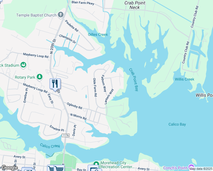 map of restaurants, bars, coffee shops, grocery stores, and more near 1315 Fathom Way in Morehead City