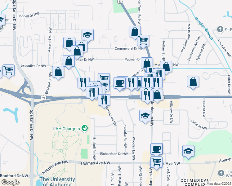 map of restaurants, bars, coffee shops, grocery stores, and more near 4298 University Drive Northwest in Huntsville