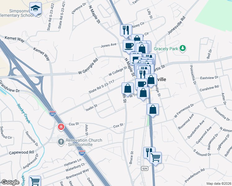 map of restaurants, bars, coffee shops, grocery stores, and more near 300 South Street in Simpsonville