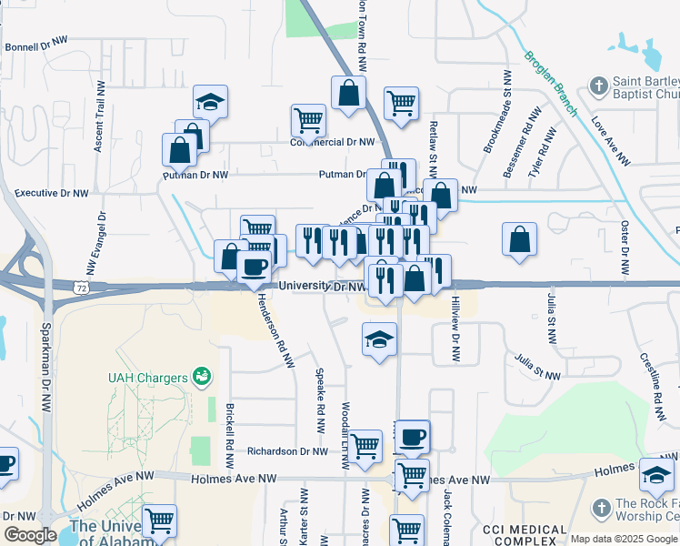 map of restaurants, bars, coffee shops, grocery stores, and more near 4008 University Drive Northwest in Huntsville