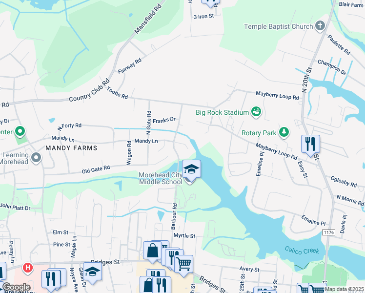 map of restaurants, bars, coffee shops, grocery stores, and more near 2911 Mandy Lane in Morehead City