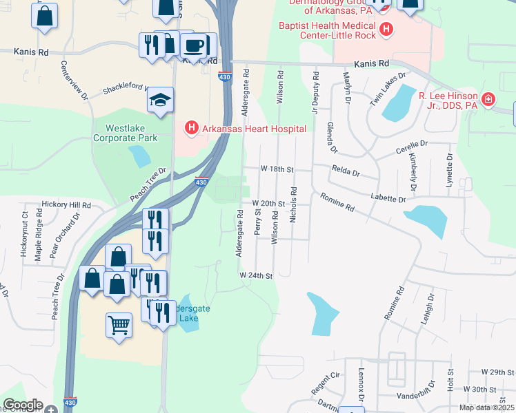 map of restaurants, bars, coffee shops, grocery stores, and more near 2002 Perry Street in Little Rock