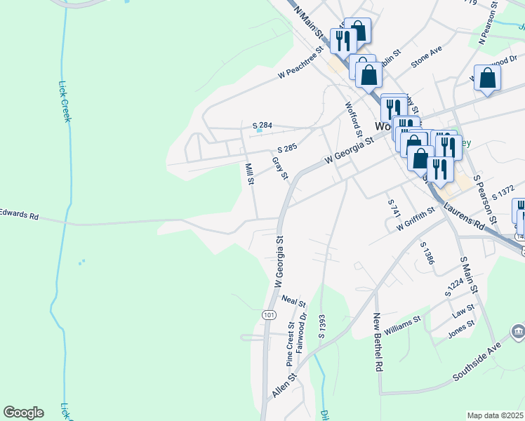 map of restaurants, bars, coffee shops, grocery stores, and more near 115 Mill Street in Woodruff