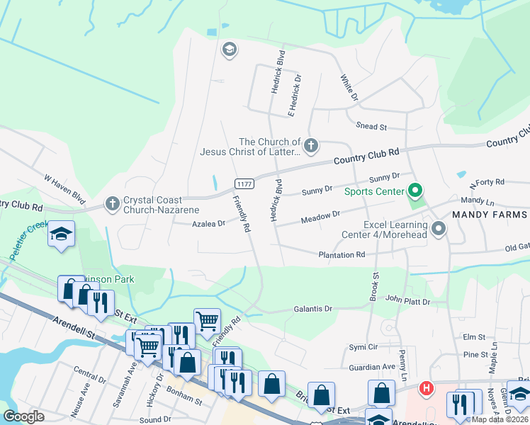 map of restaurants, bars, coffee shops, grocery stores, and more near 705 Hedrick Boulevard in Morehead City