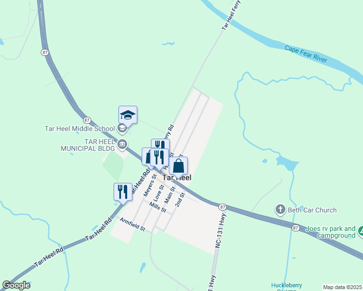 map of restaurants, bars, coffee shops, grocery stores, and more near Pine Street in Tar Heel