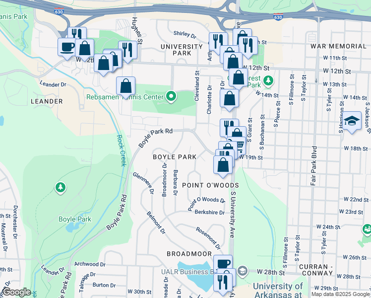 map of restaurants, bars, coffee shops, grocery stores, and more near 1810 Joyce Court in Little Rock