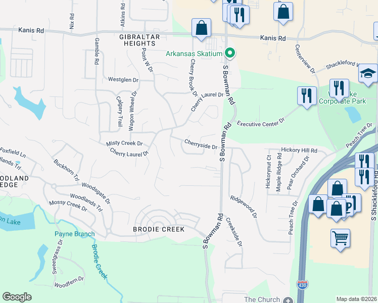 map of restaurants, bars, coffee shops, grocery stores, and more near 1917 Cherrybend Drive in Little Rock