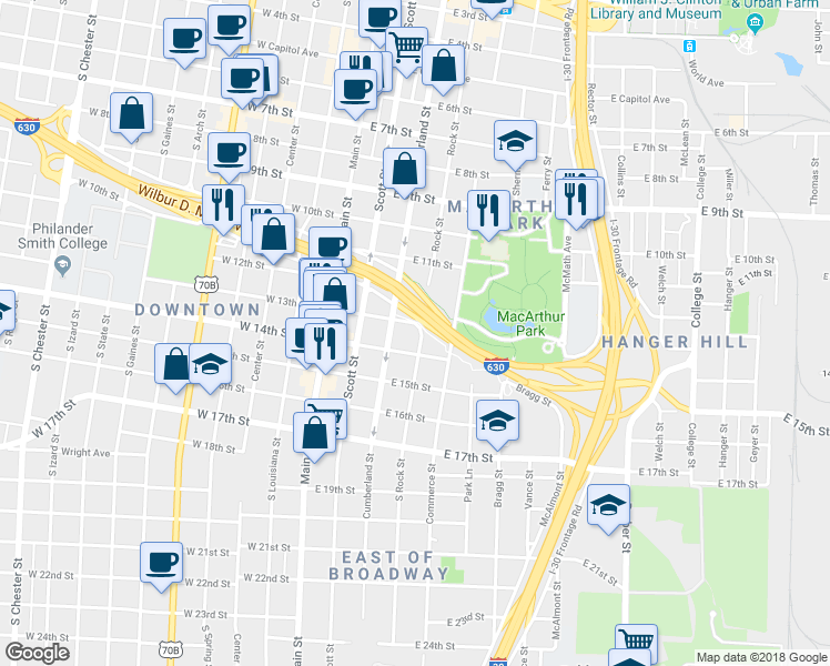 map of restaurants, bars, coffee shops, grocery stores, and more near 920 South Rock Street in Little Rock