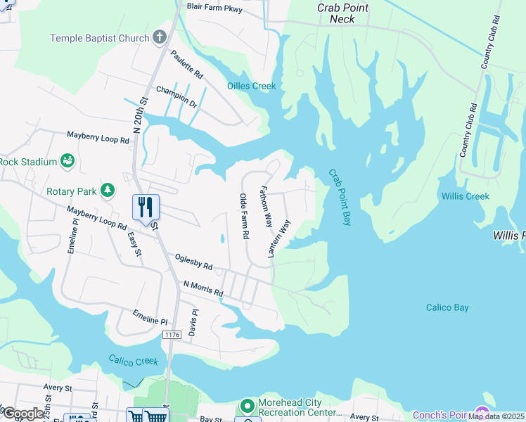map of restaurants, bars, coffee shops, grocery stores, and more near 1315 Fathom Way in Morehead City