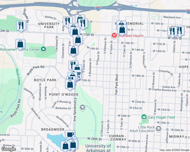 map of restaurants, bars, coffee shops, grocery stores, and more near 1802 South Pierce Street in Little Rock