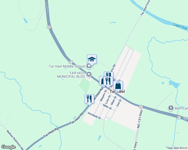 map of restaurants, bars, coffee shops, grocery stores, and more near North Carolina 87 in Tar Heel