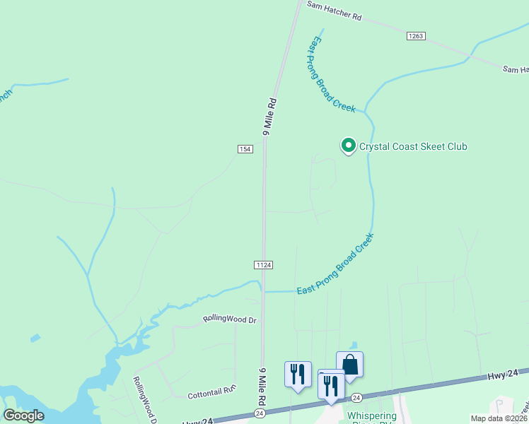 map of restaurants, bars, coffee shops, grocery stores, and more near 199 Croatan Colony Drive in Newport