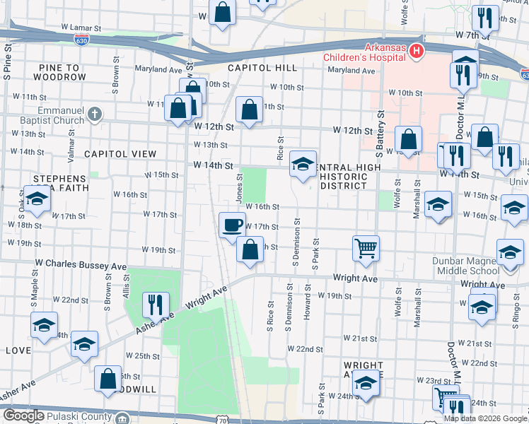 map of restaurants, bars, coffee shops, grocery stores, and more near 2417 West 16th Street in Little Rock