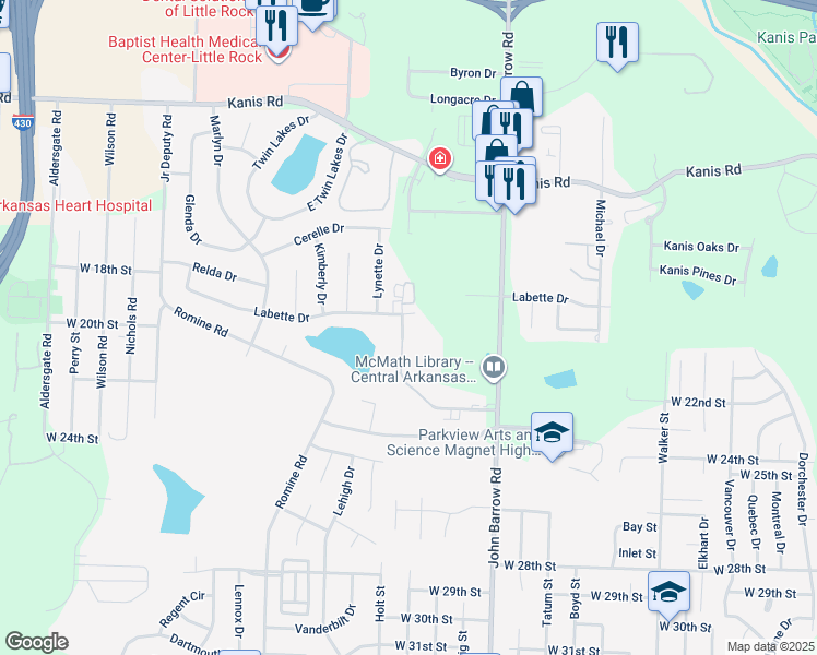 map of restaurants, bars, coffee shops, grocery stores, and more near 1905 Labette Manor Drive in Little Rock