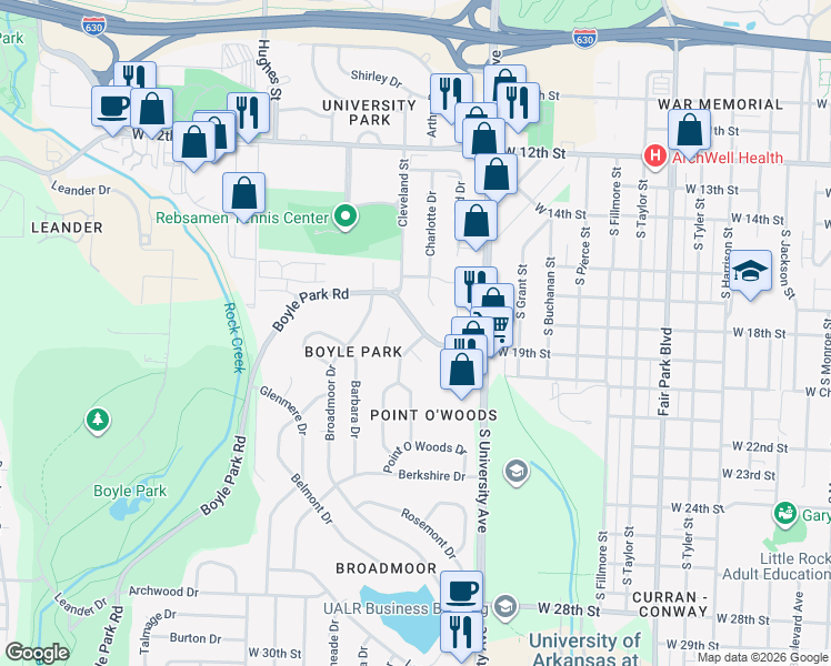 map of restaurants, bars, coffee shops, grocery stores, and more near 6201 Boyle Park Road in Little Rock