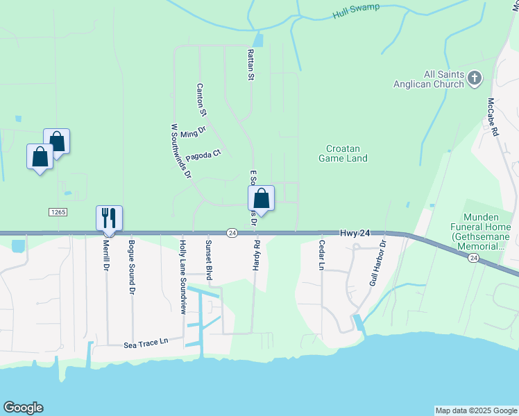 map of restaurants, bars, coffee shops, grocery stores, and more near 130 East Southwinds Drive in Newport