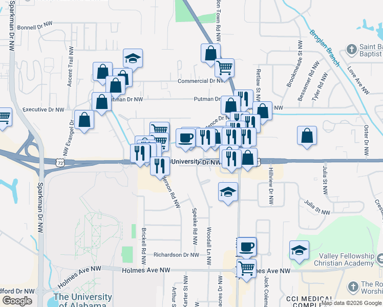 map of restaurants, bars, coffee shops, grocery stores, and more near 4116 University Drive Northwest in Huntsville