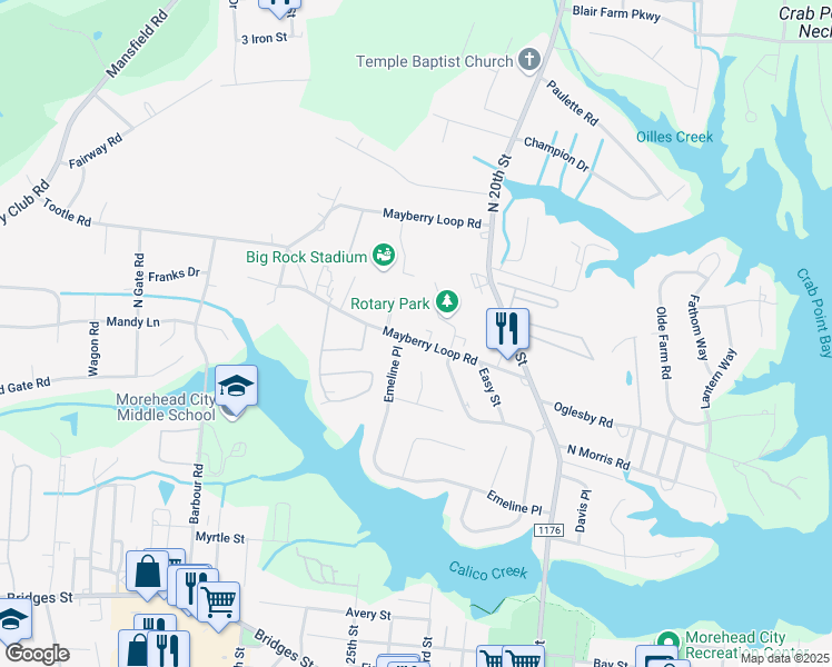 map of restaurants, bars, coffee shops, grocery stores, and more near 2212 Mayberry Loop Road in Morehead City