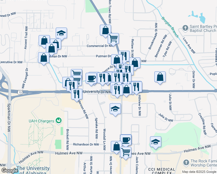 map of restaurants, bars, coffee shops, grocery stores, and more near 4008 University Drive Northwest in Huntsville