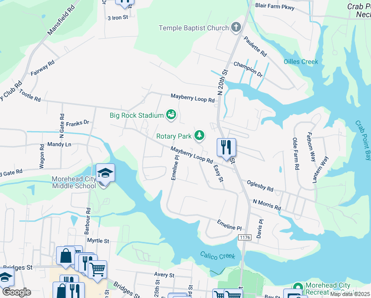 map of restaurants, bars, coffee shops, grocery stores, and more near 2212 Mayberry Loop Road in Morehead City