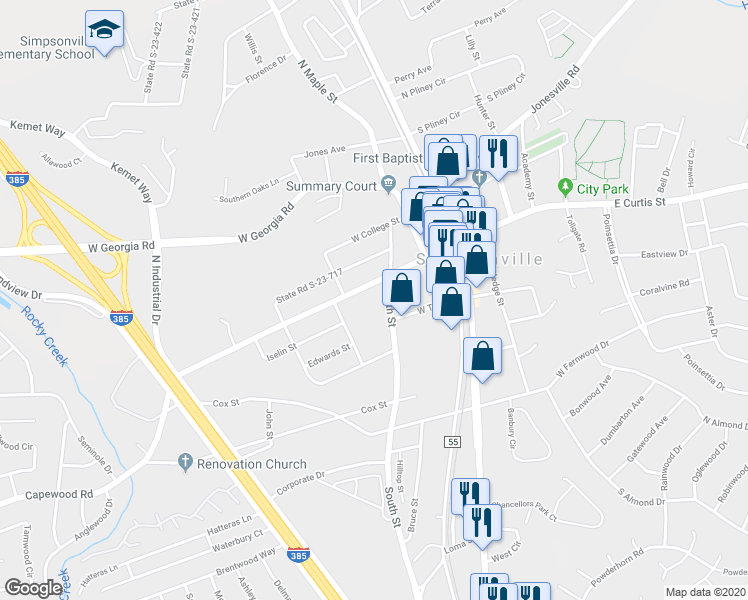 map of restaurants, bars, coffee shops, grocery stores, and more near 300 South Street in Simpsonville